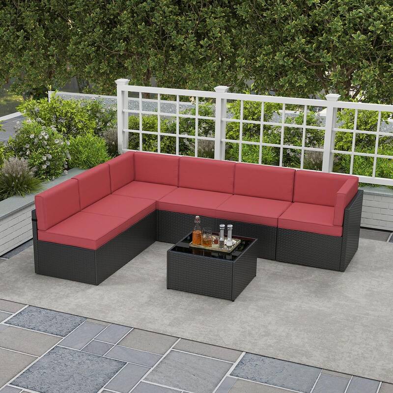 7PC Outdoor Patio Furniture Set, Wicker Patio Sectional Furniture Set with Coffee Table & Cushion for Garden, Backyard, Poolside