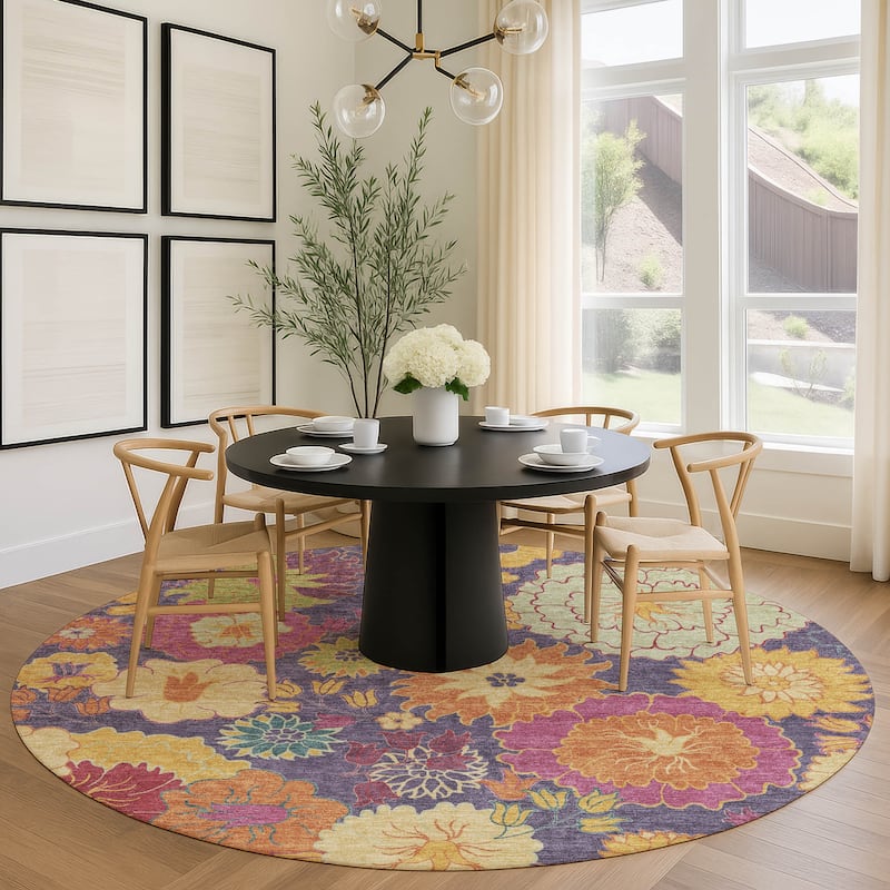 Machine Washable Indoor/ Outdoor Modern Floral Chantille Rug