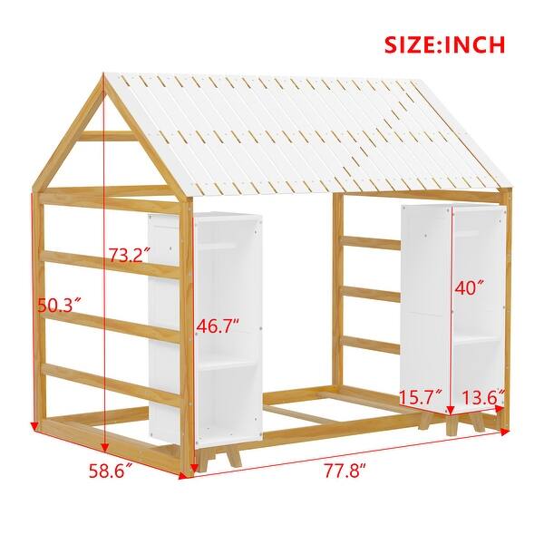 dimension image slide 1 of 2, Wooden Twin Size House Bed with Fence, Roof, and Movable Wardrobes by Harper&Bright Designs