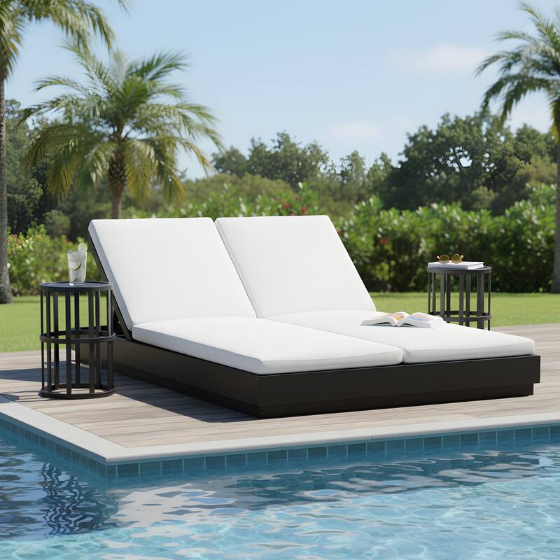 Christopher Knight Home - Outdoor Acacia Wood 5-Position Adjustable Double Sunlounge Set with 10.8" Ceramic Tile Side Table - 3-Piece Set-Black+Beige