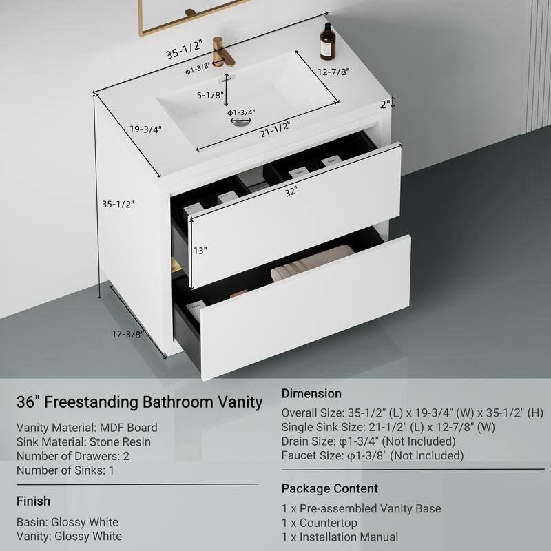 Abruzzo 36" Freestanding Bathroom Vanity with Stone Resin Sink and Two Soft Close Drawers