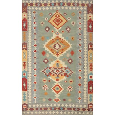 Hand Woven Oriental 100% Wool Carpet Southwestern Tribal Green Kilim Area Rug - 10' 0'' X 6' 9''