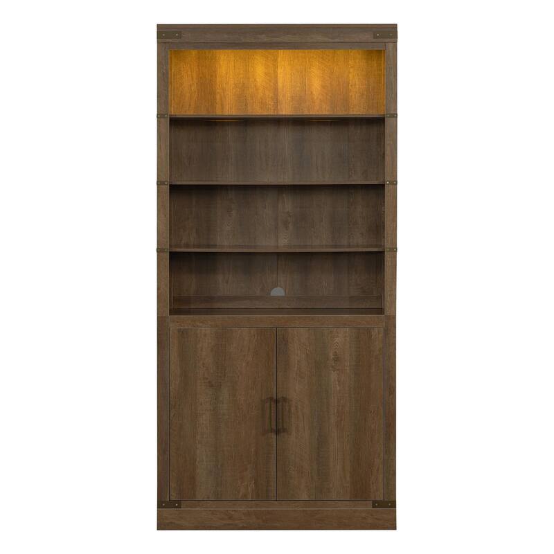 83.4" Tall Modern Bookshelf with Doors, Farmhouse Bookcase Featuring 3-Tier Adjustable Shelves & LED Display Lighting