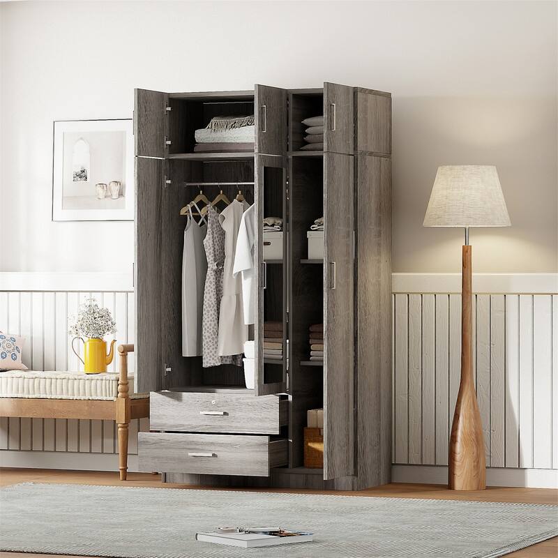 3 Door Wardrobe Closet with Mirror & Top Cabinet, Bedroom Armoire w/ 2 Drawers & Shelves, Modern Storage Cabinet w/ Hanging Rod - Grey