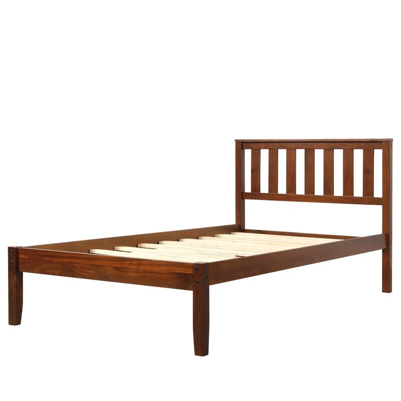Espresso Wood Platform Bed with Headboard/Wood Slat Support, Twin