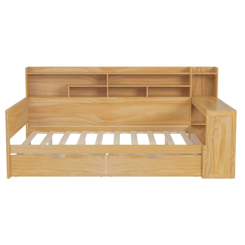 Full Size Wooden Daybed Platform Bed with Recessed Desk Storage Shelves and 2 Drawers Under Bed for Compact Spaces, Bedroom