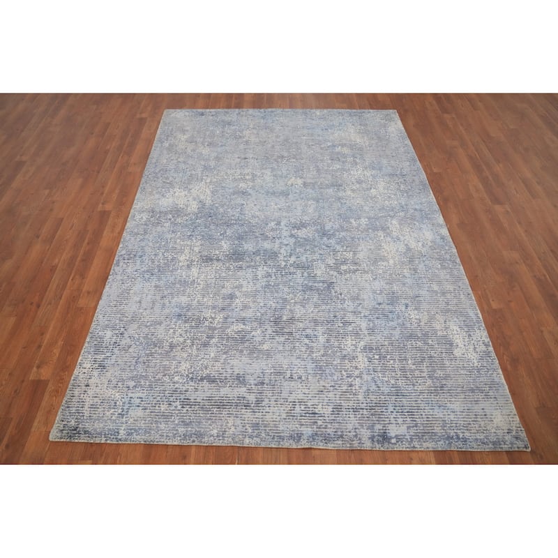 Hand Knotted Oriental Viscose Silk Carpet Modern All-Over Navy Blue & Blues Abstract Area Rug - 7' 8'' X 5' 6''