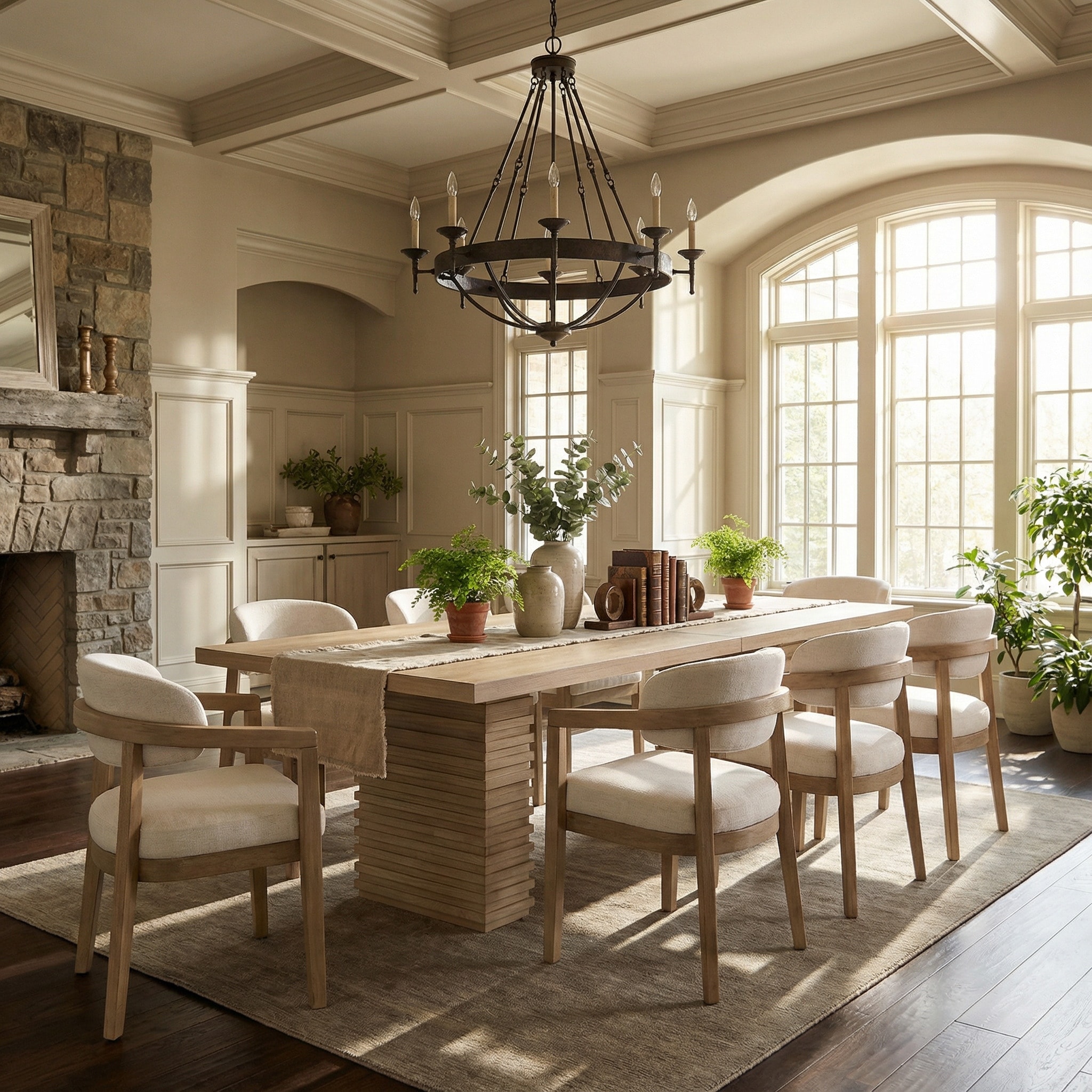 Christopher Knight Home - Modern Light Ash 9-Piece Wood Top Dining Table Set with Upholstered Armchairs