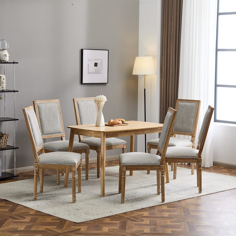 [Set of 6] French Country Dining Chairs Elegant Cane Backrest & Upholstered Seats with Fluted Legs Rustic Weathered Finish Solid