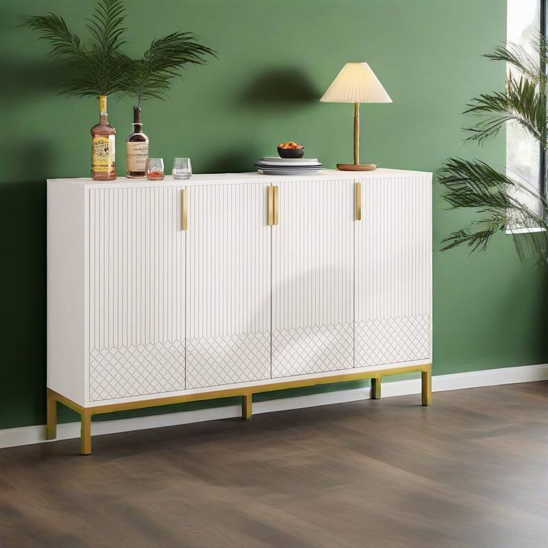 Modern MDF Buffet Sideboard Cabinet with 4 Doors and Metal Legs for Kitchen Dining or Living Room - 59"L x 13.7" W x 35.5" H