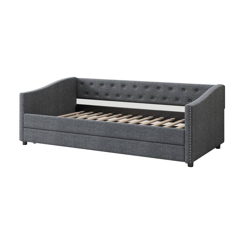 Linen Tufted Daybed with Trundle, Upholstered Platform Sofa Bed Frame, Wooden Slat Support