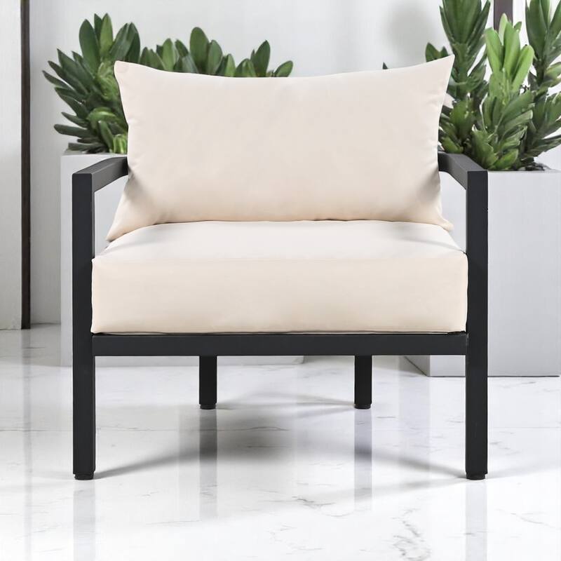 4-Piece Outdoor Patio Furniture Set with Acacia Wood Coffee Table, Steel Frame Sofa Set with Cushions, Curved Backrest