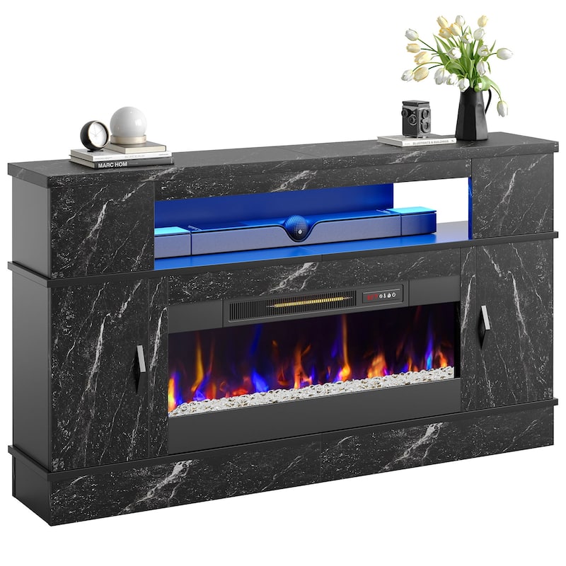 Bestier 63 in. White Marble Freestanding Electric Fireplace TV Stand Fits TV Up to 70 in. Entertainment Center with Cabinet