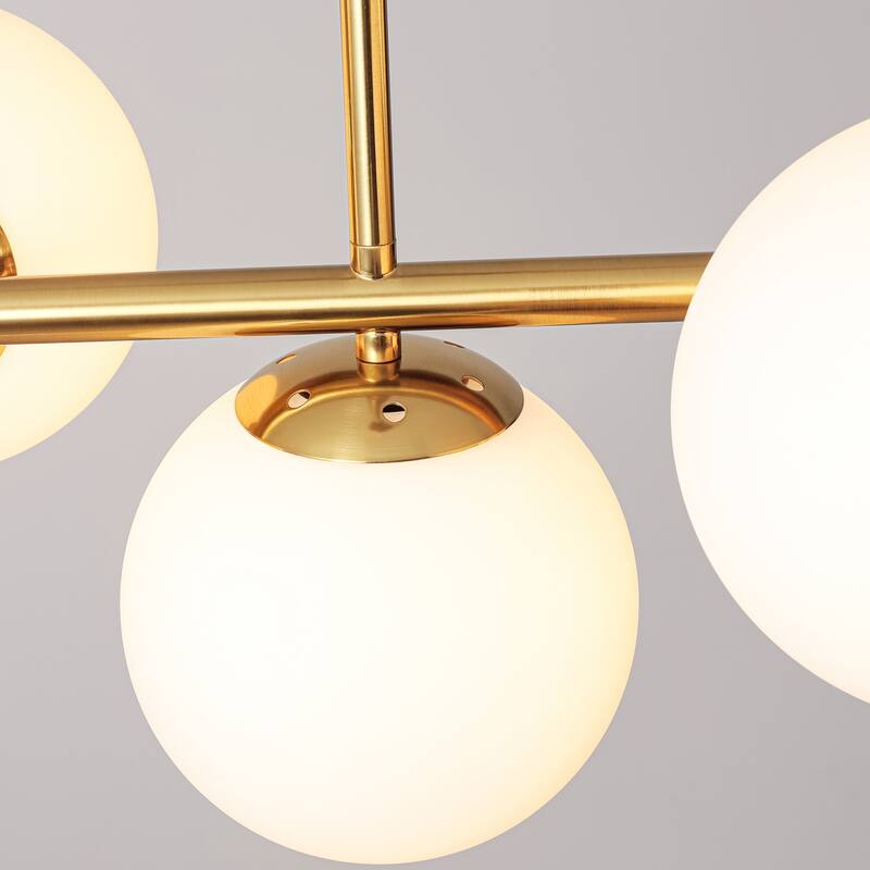 7-Light Mid-Century Modern Gold/Black Sputnik Metal Island Lights with Opal Glass Globe Shades for Kitchen, Dining Room