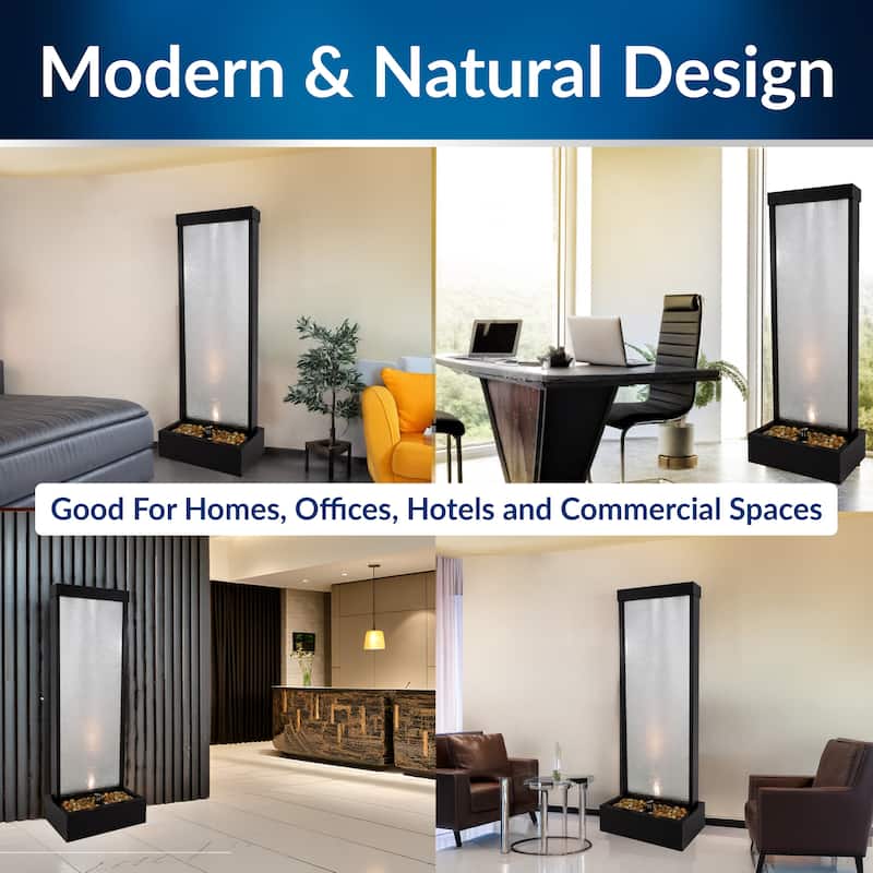 Alpine Corporation MLT170L 72" Waterfall Fountain with LED Light Cascading Textured Glass & Aluminum Floor Design, Indoor, Black