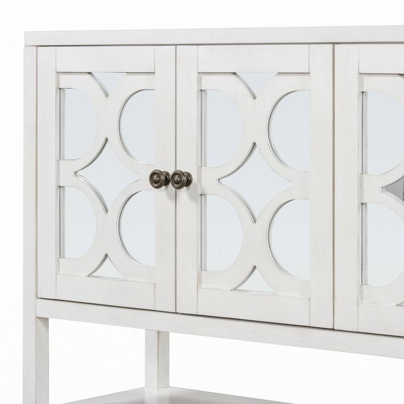 Retro Console Table with Mirrored Doors(Antique White)