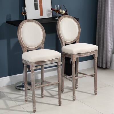 HOMCOM Vintage Wooden Pub Bar Stool 2PCs Set Soft Seat Cushion With Footrest Rubber Wood Linen Cream