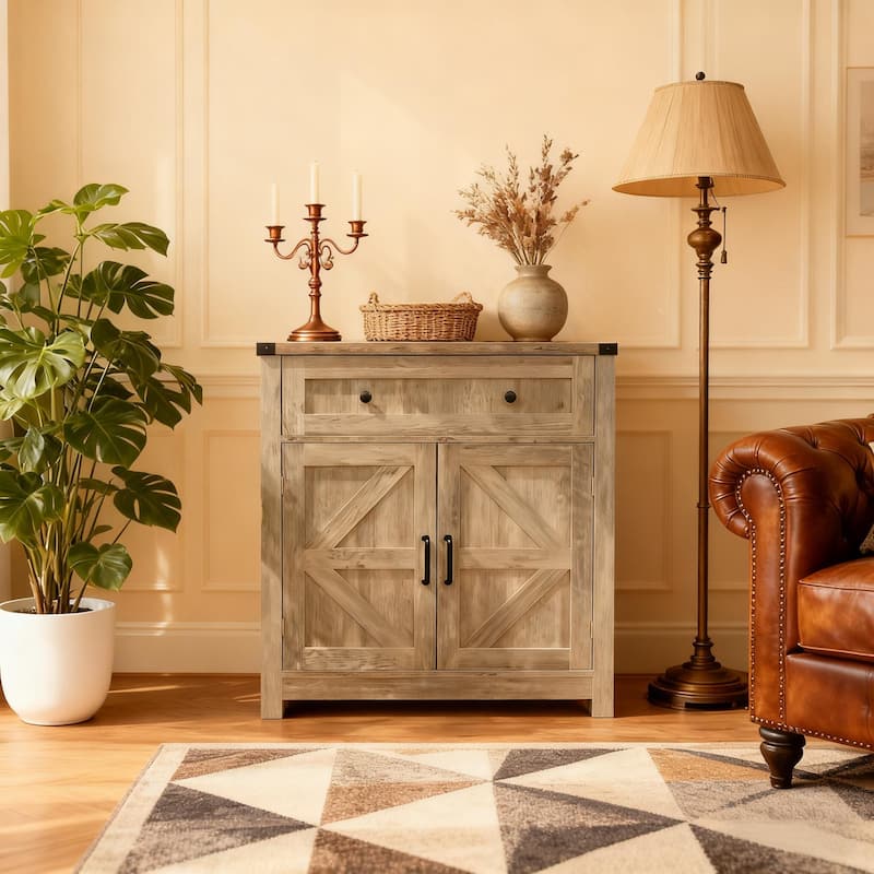 Anmytek Black Farmhouse Storage Cabinet with Drawer and Adjustable Shelf Barn Door Style for Bathroom and Kitchen