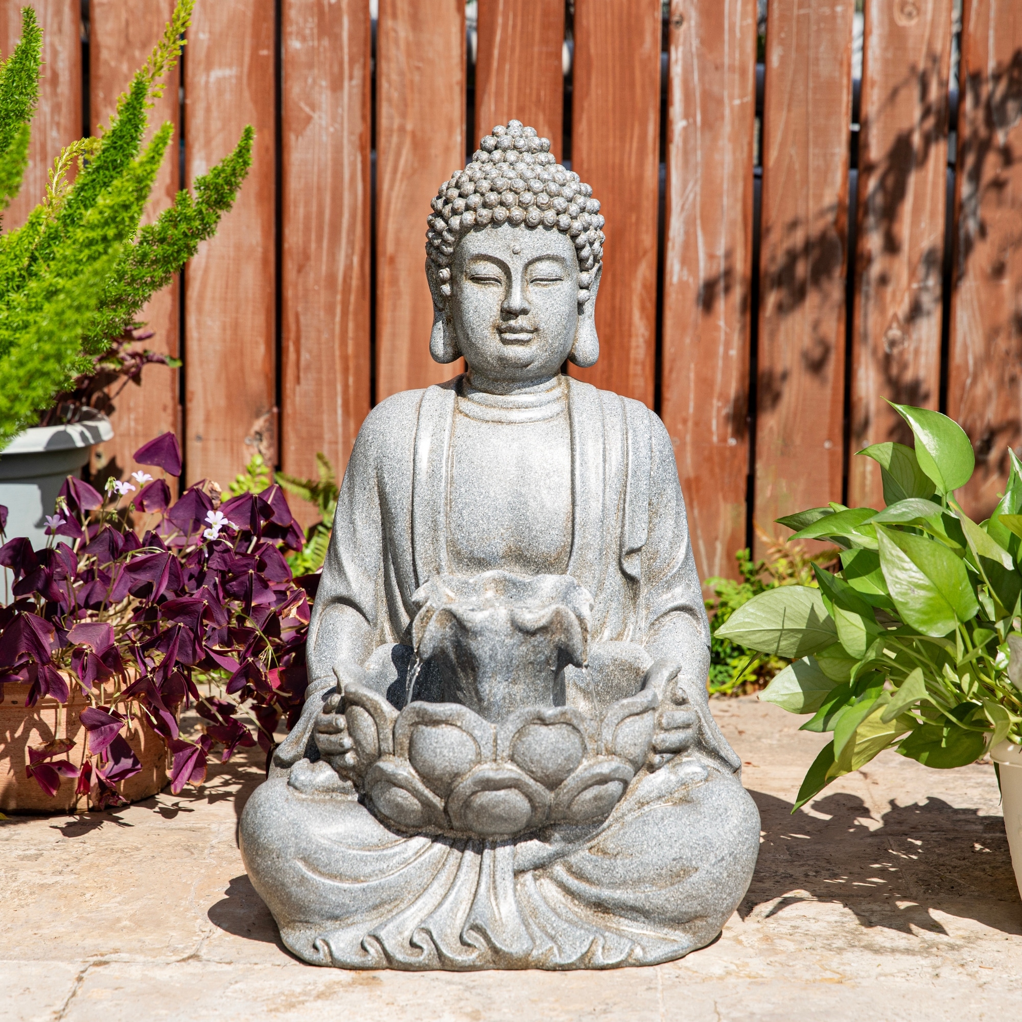 Glitzhome Meditating Buddha Grey Patio Floor Fountain with Lotus and LED