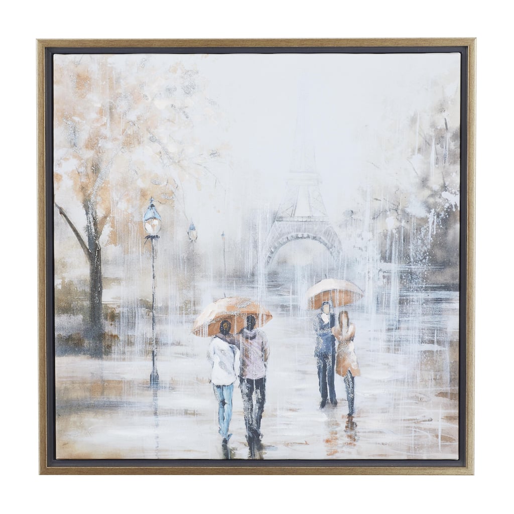 Polystone People Strolling Framed Wall Art with Eiffel Tower Background and Gold Frame - Multi Colored - Roche River Decor