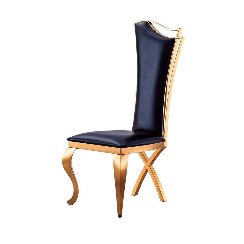 Set of 2 Leatherette/Velvet Unique Design Backrest Dining Chair with Stainless Steel Legs - Black and Gold