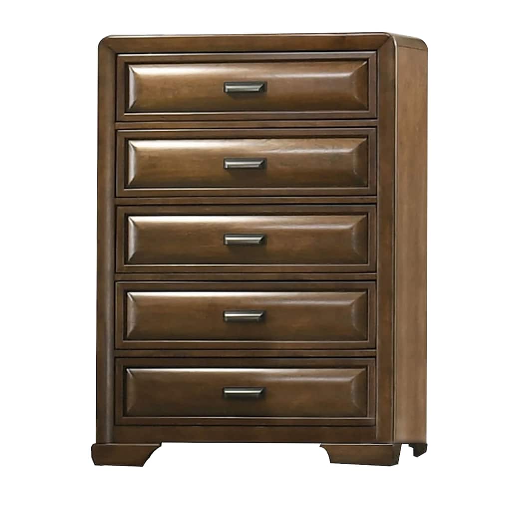 Cair Tall Dresser Chest, 5 Beveled Drawers, Bronze Metal, Brown Wood
