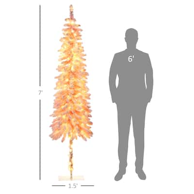 7ft Pink Artificial Pencil Tree with 250 Warm White LED Lights and Snow Sprayed Tips and Metal Stand - Dia. 19.75" x 82.75" H