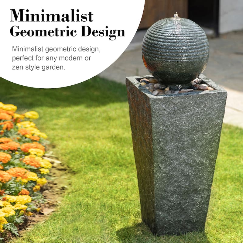 Glitzhome 31.75"H Polyresin Sphere Pedestal Outdoor Fountain With Pebbles Pump LED Light
