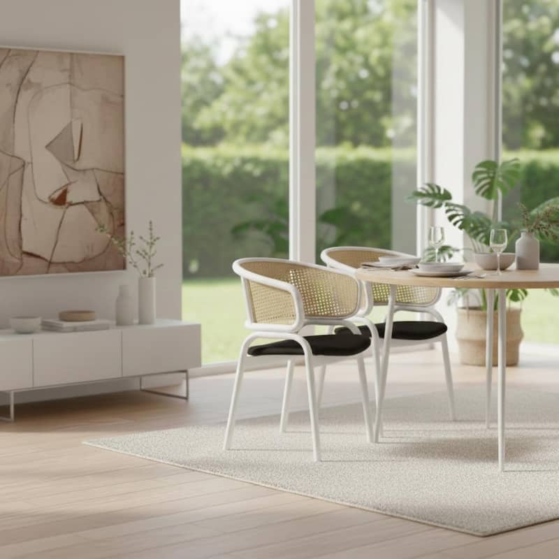 LeisureMod Set of 2 Minimalist Leather Dining Chairs with Wicker Back in Steel Frame - Side Chair for Home Office & Kitchen