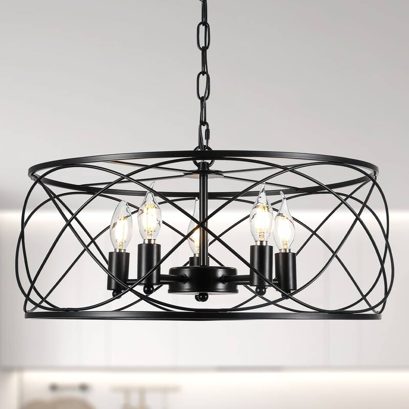 CurveCurio 20" Modern Industrial Caged Light, Contemporary Chandelier w 5 Lights, Adjustable Hanging Chain for Dinging Area