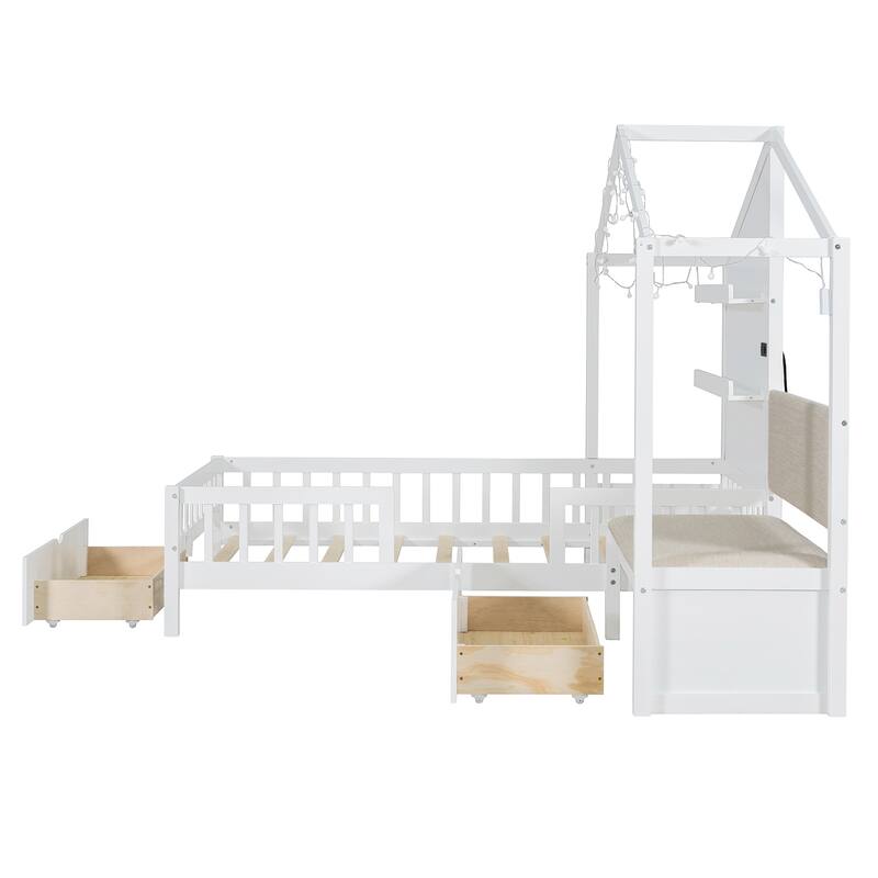 Twin Size House Bed with Upholstered Sofa, House Bed with Charging Station