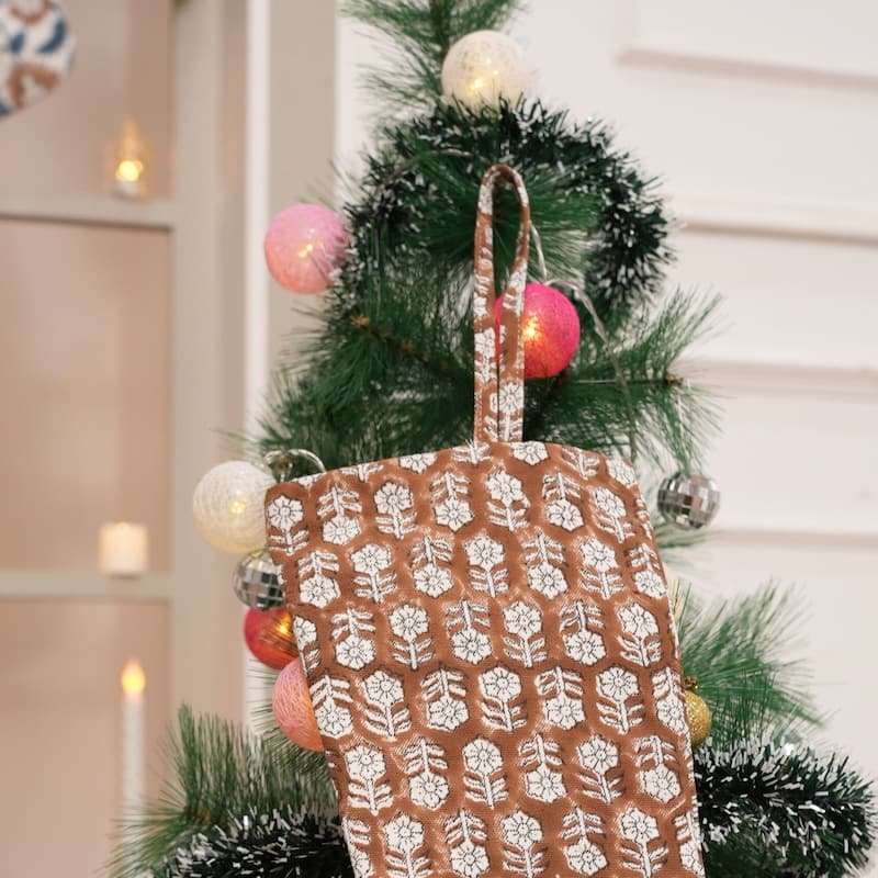 Fabdivine 16x6.5 Inches Hand Floral Block Print Christmas Stockings Tassle and Loop Perfect for Gift - 16"X6.5" - Tulsi Buti- Brown - Christmas Stockings