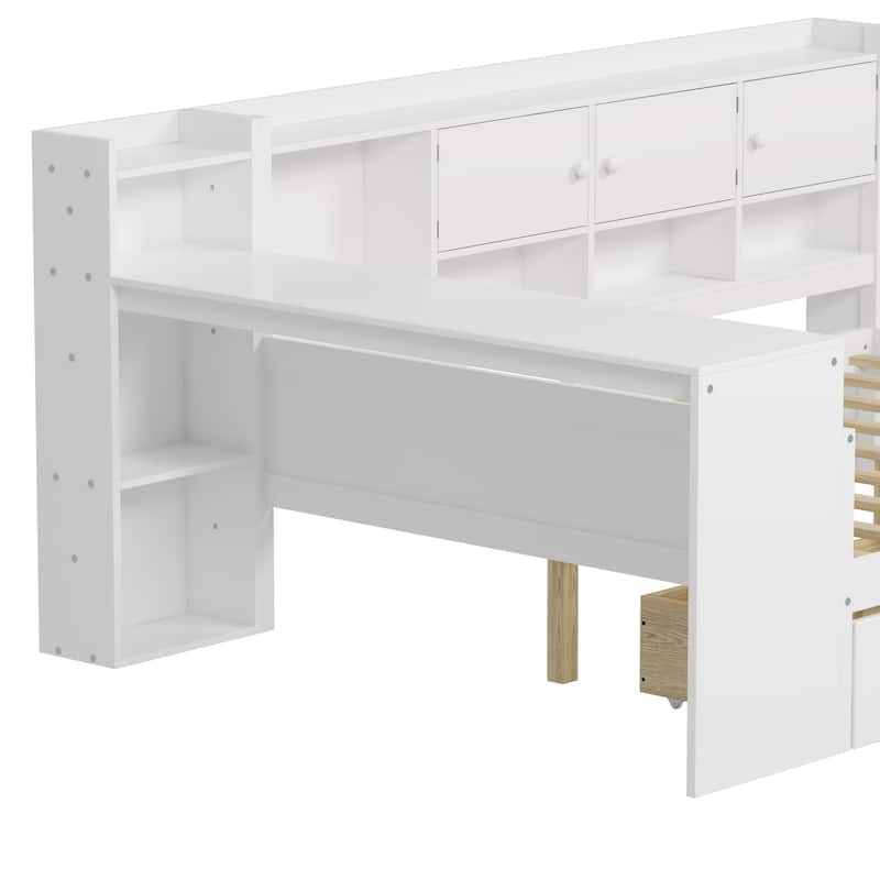 Full Size L-Shaped Daybed with Desk, Bookshelf, Cabinets & Drawers, Multi-Functional Wood Bed with Storage for Kids or Teens
