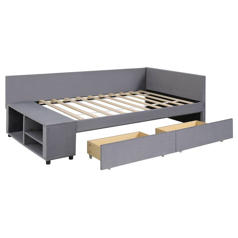Twin Size L-Shaped Upholstered Platform Bed with Storage and Drawers in Gray