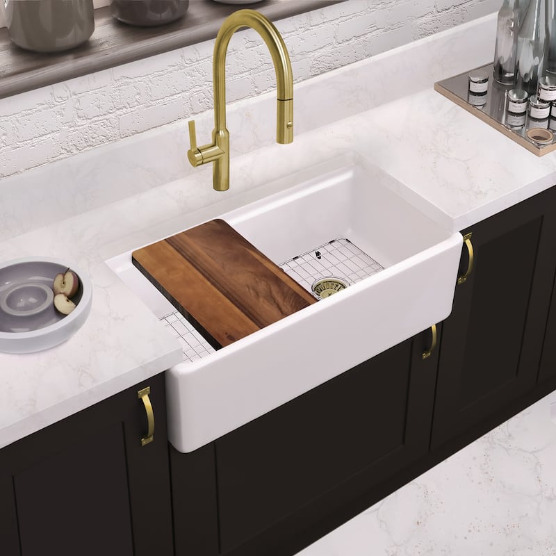 33" Reversible Single Bowl Fireclay Sink Set with a Smooth Front Apron, Walnut Wood Cutting Board and Stainless Steel Grid
