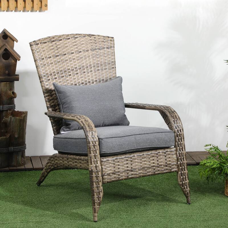 Patio Wicker Adirondack Chair with Soft Cushions, Tall Curved Backrest & Comfortable Armrests