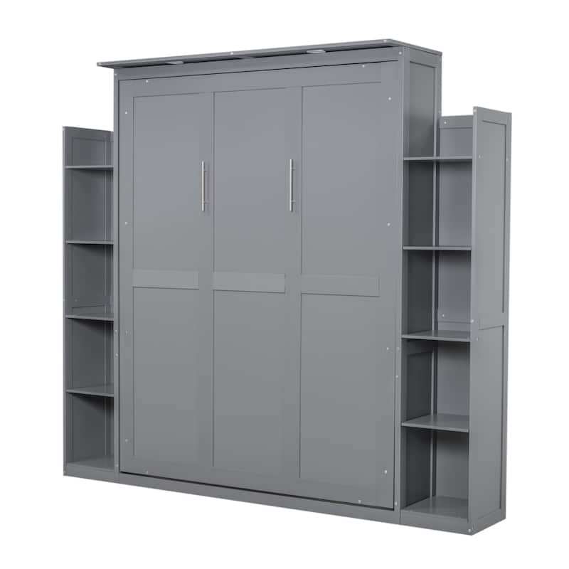Nordic Creative Queen Size Murphy Bed with Shelves and LED Lights Wall Bed for Kids Teens Adults Space-Saving, Easy Assembly