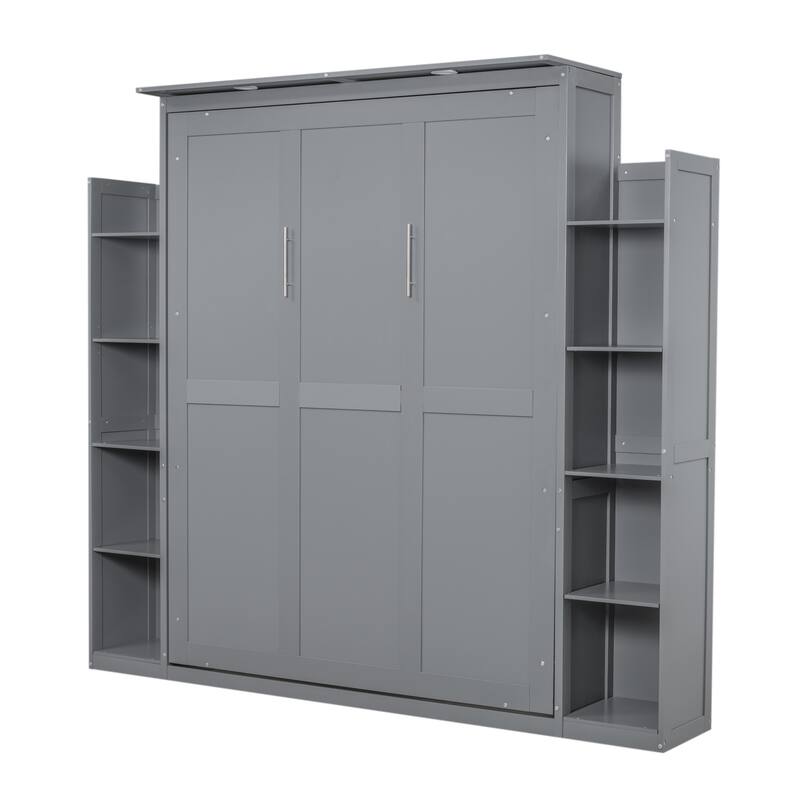 Wooden Wall Murphy Bed with Side Bookshelf & LED Lights