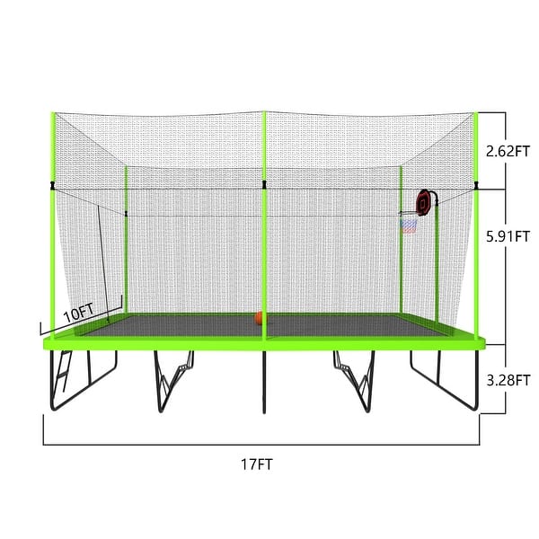dimension image slide 1 of 2, 10ft by 17ft Rectangule Trampoline with Green Fabric Black Powder-coated Galvanized Steel Tubes with Basketball Hoop System Adva