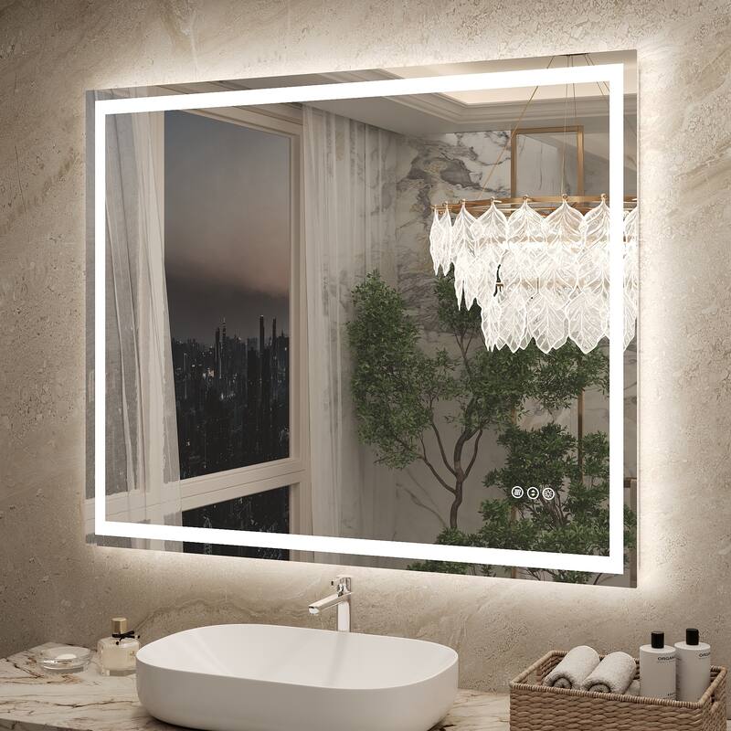 Frameless LED Front Light and Backlit 3 Colors Dimmable Anti-Fog Wall Bathroom Vanity Mirror - 44" x 36"-Square Corner