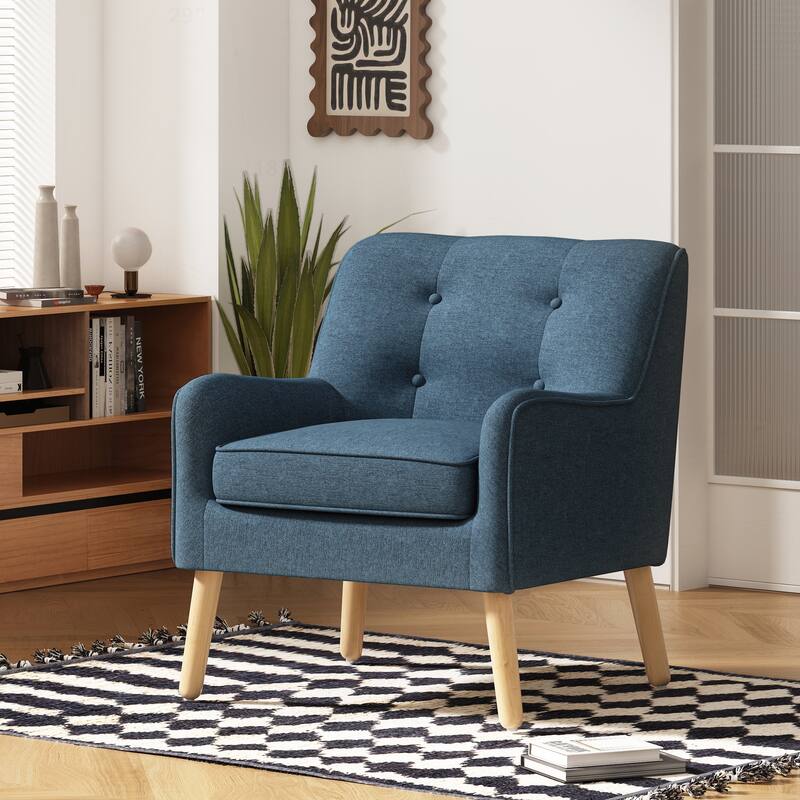 Mid-Century Modern Armchair with Tufted Fabric and Solid Wood Legs for Various Rooms - Blue