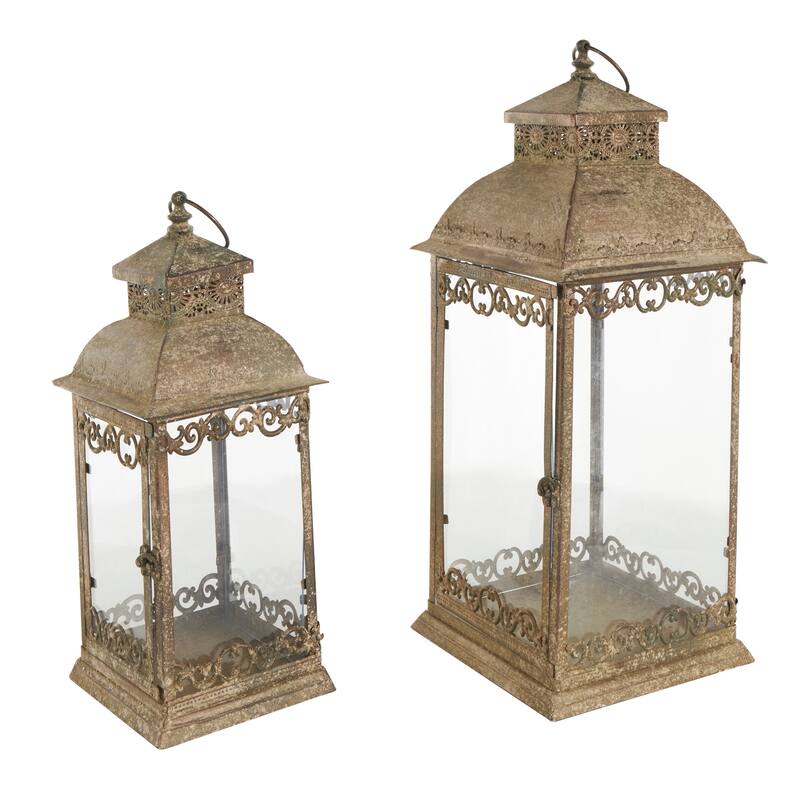 Brown Metal Distressed Vintage Inspired Ornate Scroll Indoor Outdoor Candle Lantern (Set of 2)