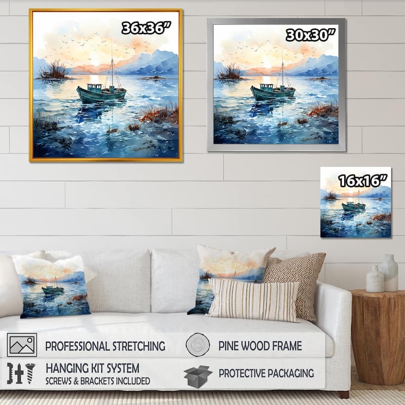Designart "Blue And Orange Autumn Fishing Boat" Boat Fishing Wall Decor - Modern Print Art For Living Room