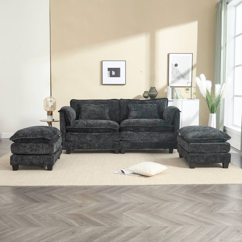 Chenille Fabric Loveseat Sofa Couch with 2 Ottomans and Side Pockets