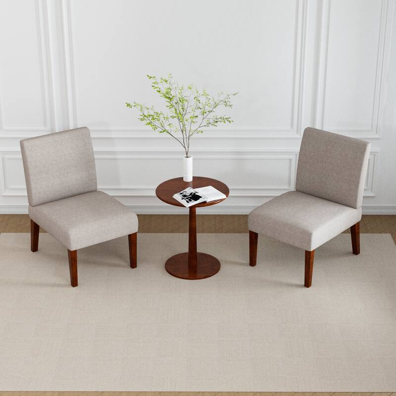 Round Wood Side Table & Dining Chairs Set Breakfast Nook with 2 Upholstered Fabric Beige Dining Chairs