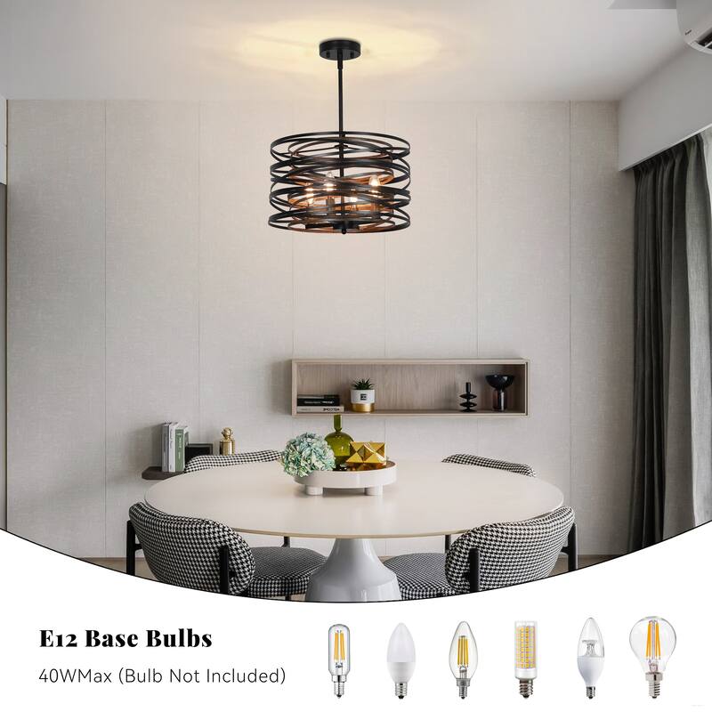 4-Light Rustic Black Drum Chandelier Farmhouse Drum Light Fixture - 15.7in