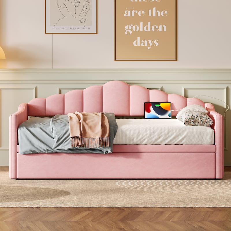 Upholstered Twin Size Daybed with Adjustable Trundle Bed and USB Port, Velvet Fabric Twin Sofa Bed Frame with 2 Side Pockets - Pink - Twin