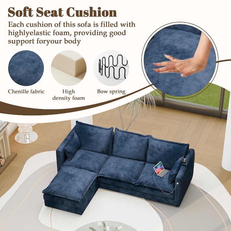 Modular Sectional Sofa L Shaped Couch, 3/4 Seat Sofa Set with Ottoman, Chenille Fabric