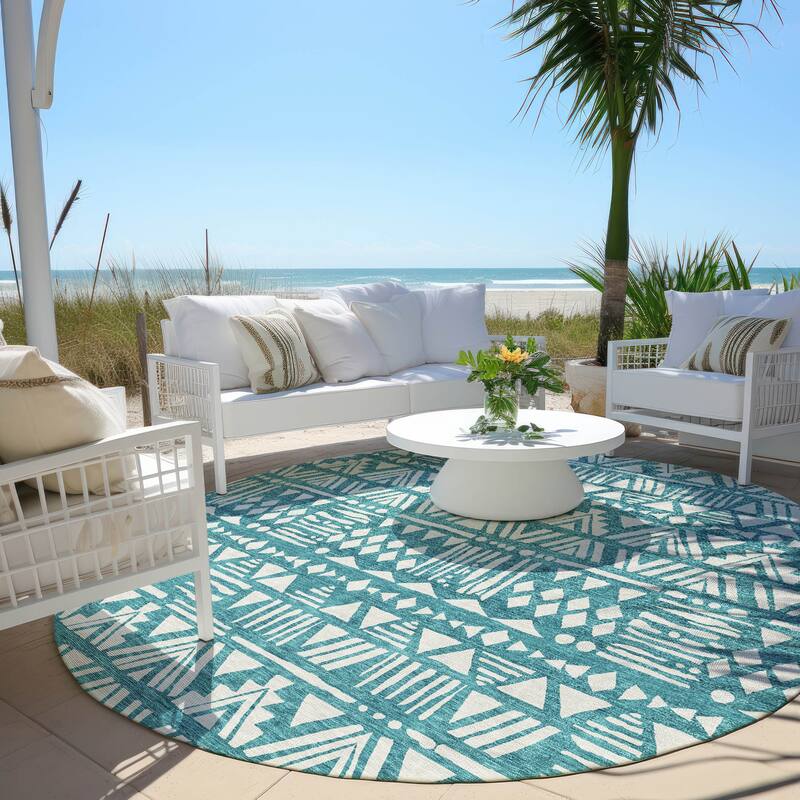 Machine Washable Indoor/ Outdoor Chantille Boho Tribal Rug - Teal - 8' x 8'