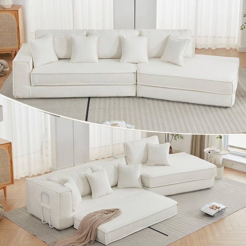 Convertible Folding Sofa Bed with Pillow, Velvet Floor Sleeper Couch for Living Room, Space-Saving Gaming Chair Mattress - Beige